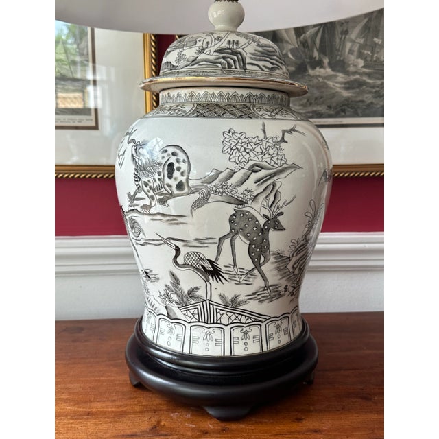 1990s Large Vintage Chinese Chinoiserie Porcelain Ginger Jar Table Lamp With Shade, Black and White For Sale - Image 5 of 9
