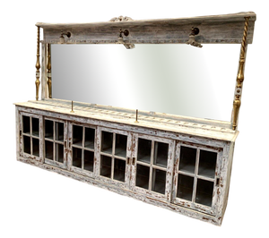 Patinated Wood Shop Counter with Sliding Doors, 20th Century