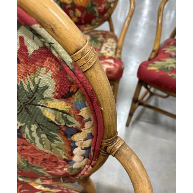Mid-Century Modern 6 McGuire Attributed Lattice Dining Chairs in Reupholstered Palm Beach Regency Style. Has Chippendale Fret Work. Quality Leather Bindings. For Sale - Image 3 of 9