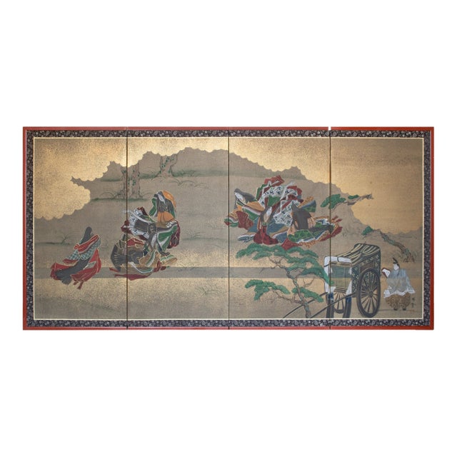 "Dancing Kimono Beauties", C. 1960s Shōwa Era Yamato-E Style Painted Byobu Screen For Sale