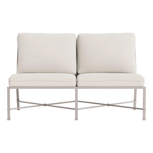 Brown Jordan Venetian Armless Loveseat, Dove frame with Fusion Natural fabric For Sale