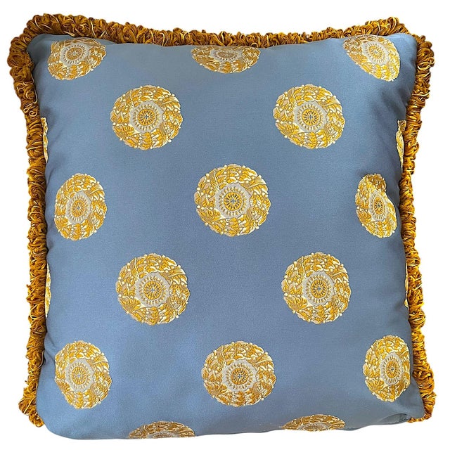 Traditional Pair of Custom Designer Pillows in Powder Blue & Golden Ochre Medallion Fabric With Textural Fringe Trim For Sale - Image 3 of 6