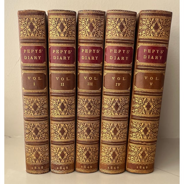 Antique 19th Century Fine Leather Book Bindings - Diary of Samuel Pepys - 5 Volumes For Sale - Image 4 of 13