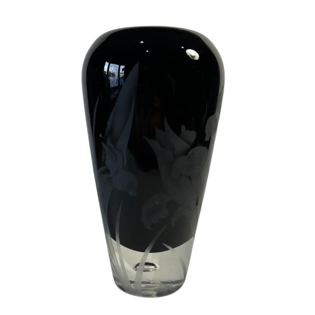 Black Carl Erickson Biomorphic Art Glass Bowl and Floral Black Sommerso Art Glass Vase Set of 2 For Sale - Image 8 of 14