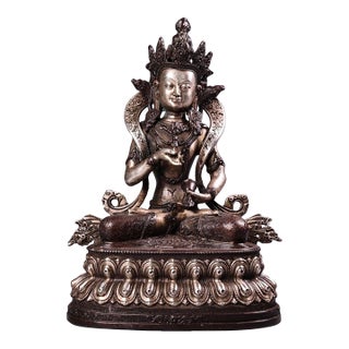 Late 20th Century Nepalese Silver-Inlaid Bronze Vajrasattva Statue Buddhist Deity 8.7" For Sale