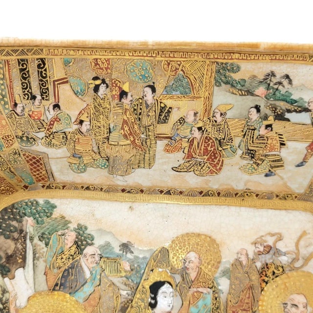 Japanese Meiji Kyoto Satsuma Square Dish with Rakan and Ladies, 1890s For Sale - Image 9 of 17