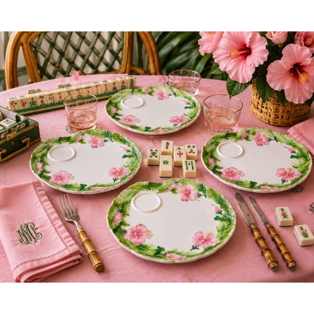 This is a set of ten Palm Beach grandmillenial Italian hand painted hibiscus mahjong luncheon plates. Perfect for a lady’s...