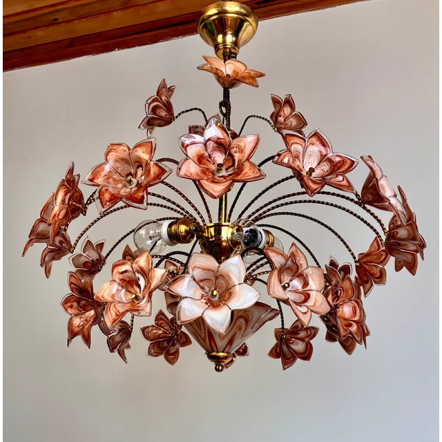 1980s Italian Murano Style Brown Floral Chandelier – Glass Flower Bouquet For Sale - Image 6 of 17