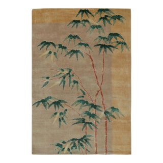 Rug & Kilim’s Chinese Art Deco Style Fragment Rug in Beige With Floral Patterns For Sale