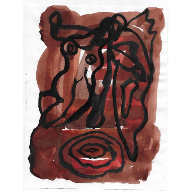 1991 modern nude painting by Northern Virginia by DC area artist Mark Dorman. Rust colored watercolor and ink wash on...