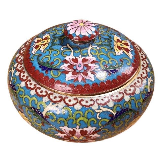 Vintage Chinese Cloisonné Enamel Gilt Lidded Jar – Floral Motif For Sale