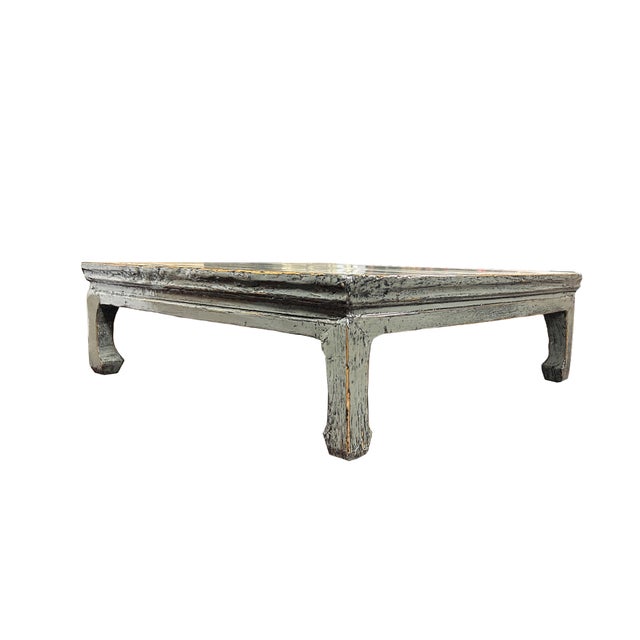 Chinese Chinese Distressed Gray Low Square Coffee Kang Table Stand For Sale - Image 3 of 5