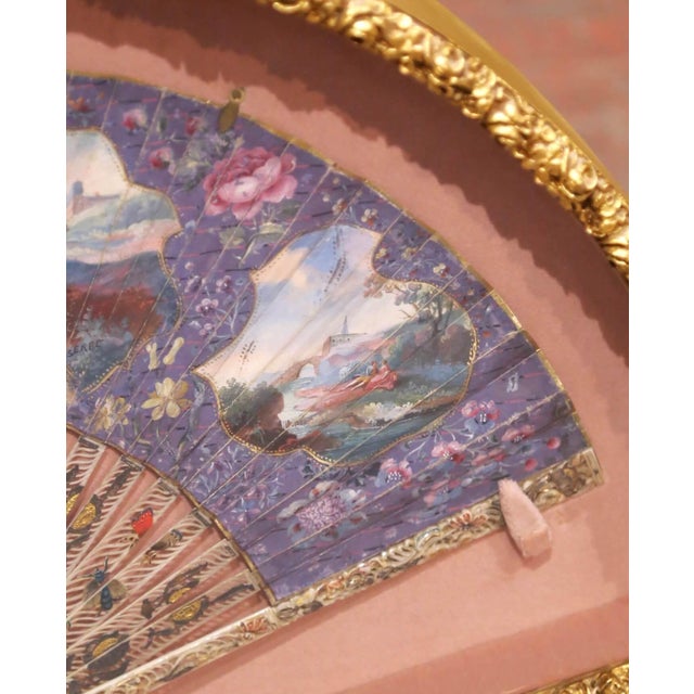 Purple 19th Century French Hand-Painted Fan With Carved Bone Handle in Frame For Sale - Image 8 of 9
