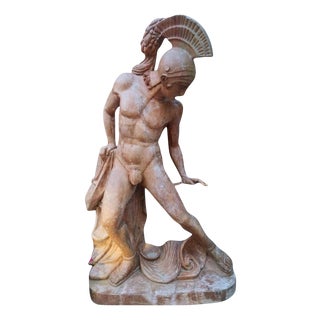 Italian Roman Warrior Sculpture in Red Travertine For Sale