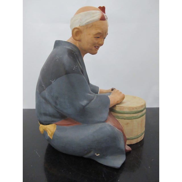 1950s Japanese Hakata Urasaki Ceramic Doll Figurine Seated Elder Man Playing Drum For Sale - Image 5 of 6