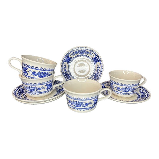 Vintage Royal Usa Hampshire Blue & White Ironstone Tea Mug Set- Set 4 For Sale
