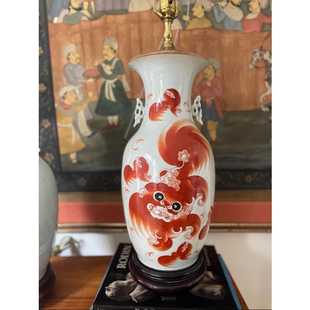 Ceramic Late 20th Century Pair of Vintage Red Foo Dog Chinoiserie Table Lamps For Sale - Image 7 of 10