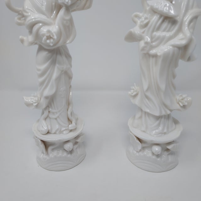 White Lenwile Ardalt Verithin Japan Porcelain Blanc De Chine Pair Goddess Figurines 11" Tall Vintage For Sale - Image 8 of 10