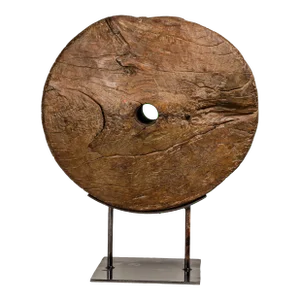 Ancient Rustic Cart Wheel Mounted on Black Lacquer Base, Weathered Patina