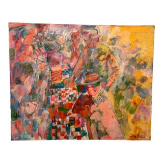 Vintage Don Bloom Painting on Canvas of Checkers Players For Sale