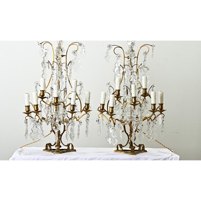 19th Century Large French 19th Century Brass & Crystal Girandole Lamps - A Pair For Sale - Image 5 of 12