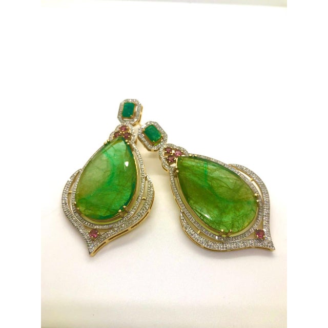 Bochic “Capri” Vintage Emerald, Tourmaline & Diamond Earrings Set In 18K Gold & Silver For Sale - Image 12 of 13
