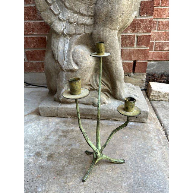 Vintage Verdigris Brass Three-Arm Candelabra | Sculptural Organic Form For Sale In Houston - Image 6 of 8