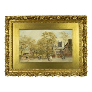 English Street Scene with Church, 19th Century, Watercolour For Sale