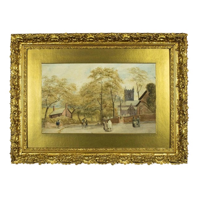 English Street Scene with Church, 19th Century, Watercolour For Sale