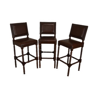 Chairmasters Bobbin Turned Brown Leather Set 3 Bar Stools For Sale