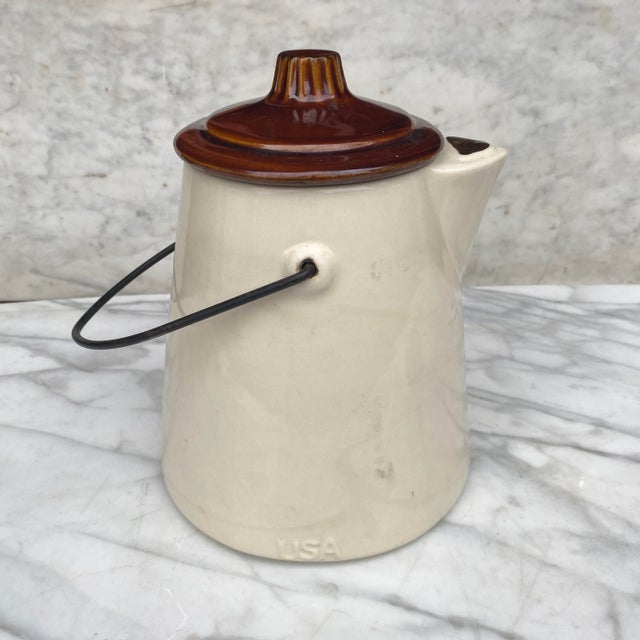 Vintage American Bisque Porcelain Coffee Pot Cookie Jar W/ Metal Handle