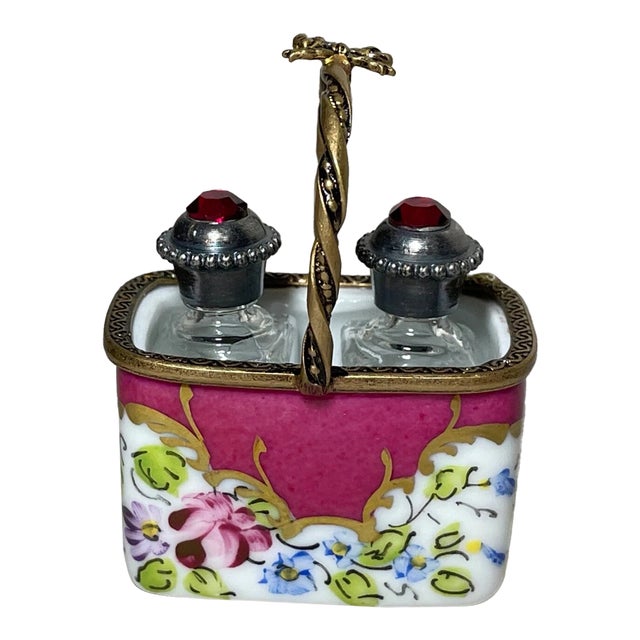 Vintage Handmade French Peint Main Limoges Perfume Bottle Trinket Box Sterling For Sale