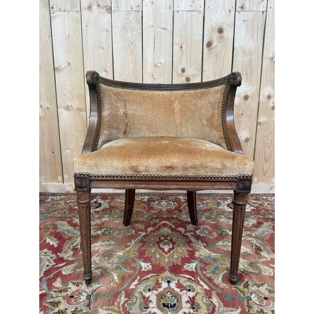 Brown Louis XVI Style Barrel-Shaped Wood, Velvet, Brass Desk Chair with Ram's Heads, 1890s For Sale - Image 8 of 8