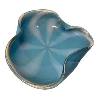 Vintage Large Barbini Blue and White Stripes Circus Tent Murano Bowl For Sale