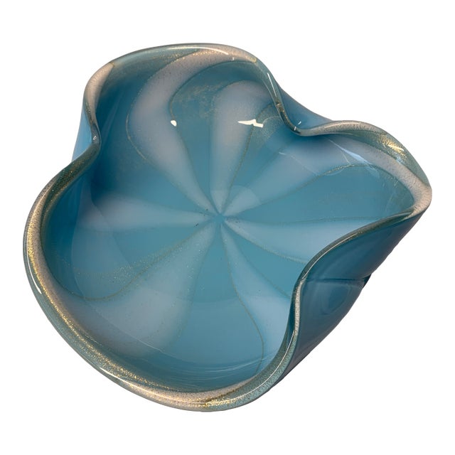 Vintage Large Barbini Blue and White Stripes Circus Tent Murano Bowl For Sale
