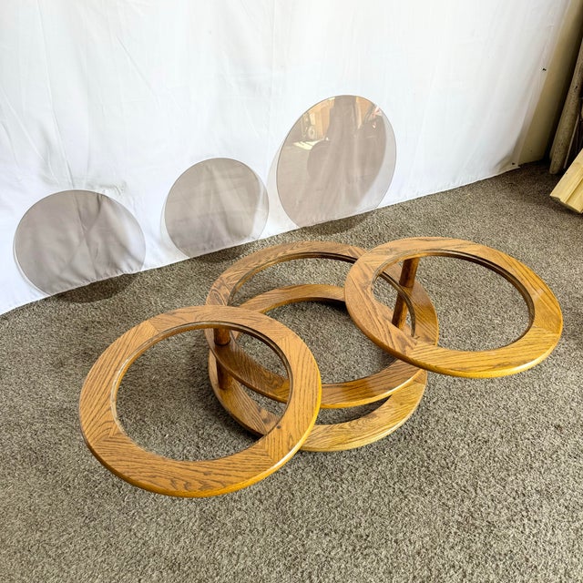 1970s Mid Century Modern Three Tier Oak and Smoked Glass Swivel Coffee Table For Sale - Image 5 of 10