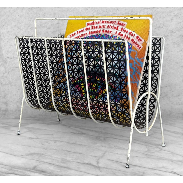 Mid-Century White & Black Wrought Iron Pierced Mesh Magazine Record Stand For Sale - Image 4 of 10