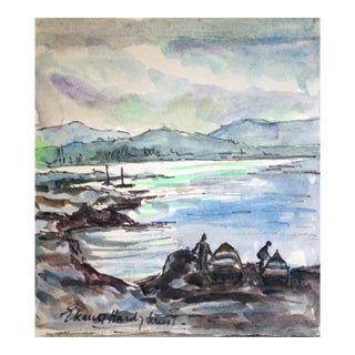 Fishing Boats at Shore, 1940's Alaskan Seascape Watercolor For Sale