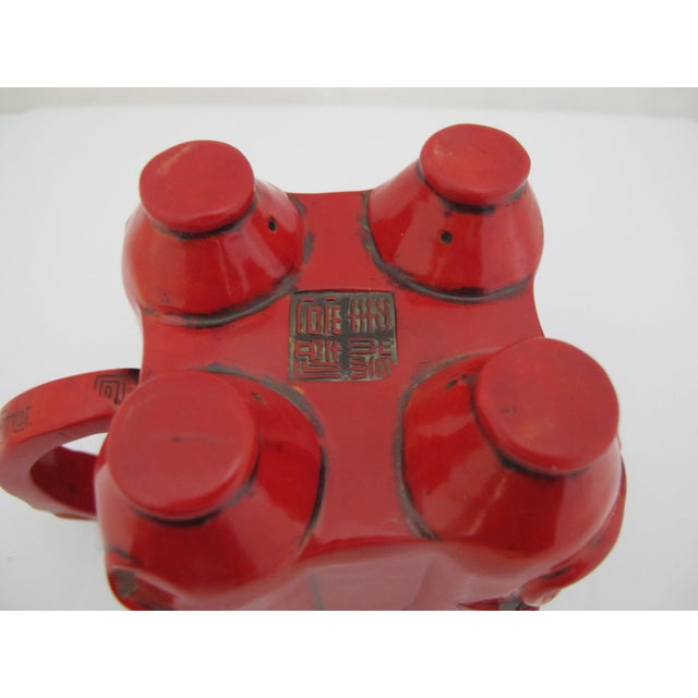 Chinese Red Lacquer Climbing Foo Dog Finial Lid Decorative Teapot For Sale - Image 10 of 11