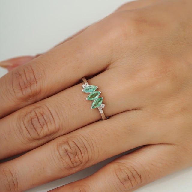 Handmade Three Stone Marquise Emerald & Diamond Ring in 925 Silver Size 7 For Sale - Image 6 of 14