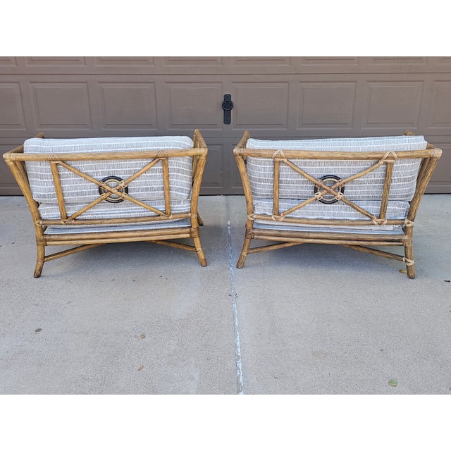 Pair of McGuire Target Back Lounge Chairs With 3 McGuire Footstools For Sale - Image 11 of 18
