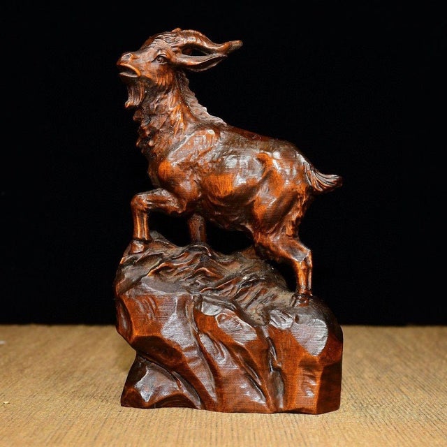 Chinese Hand-Carved Boxwood Goat Figurine, Auspicious Symbol For Sale In Los Angeles - Image 6 of 10