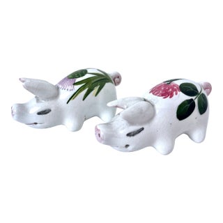 Mid 20th Century Plichta Tiny Floral Design Hand Painted Ceramic Pigs - A Pair For Sale