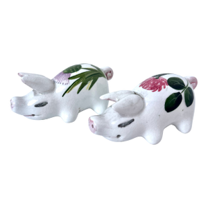 Mid 20th Century Plichta Tiny Floral Design Hand Painted Ceramic Pigs - A Pair