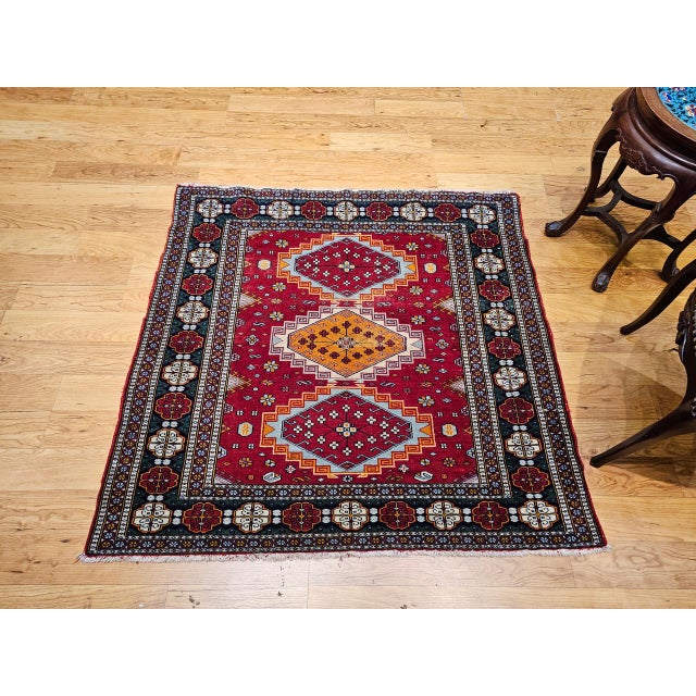 Vintage Persian Tribal Square Rug, Hand-Knotted Wool, Geometric Medallions Pattern, 4x4, Red & Blue For Sale - Image 13 of 15