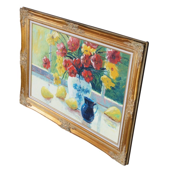 French 20th Century Still Life Oil Painting Flowers & Pears Framed For Sale - Image 3 of 12