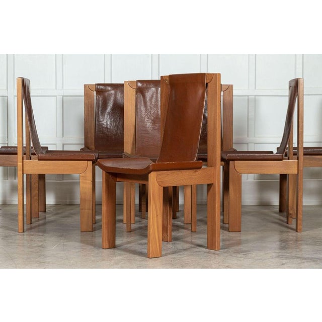 Brown French Brutalist Elm & Leather Chairs by Roland Haeusler, 1980s, Set of 8 For Sale - Image 8 of 18