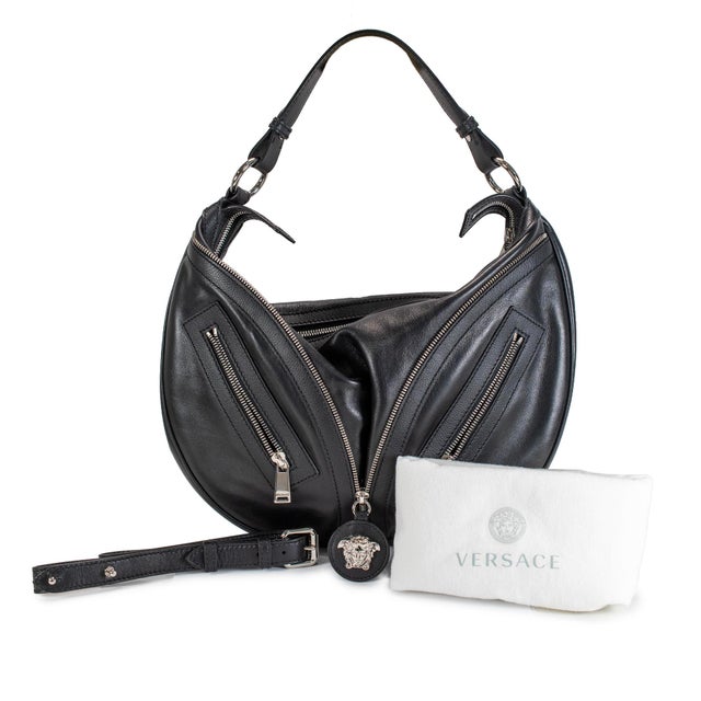 Versace Repeat Hobo Medium Black Leather Silver Hardware Shoulder Bag For Sale - Image 15 of 16