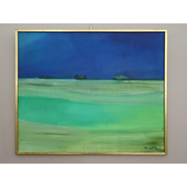 WHERE THE SKY DEEPENS Size: 24.8 x 30.1 inches (including frame) Oil on canvas A soothing and atmospheric large mid-...