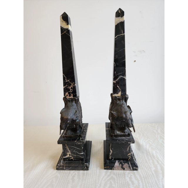 Grand Tour Pair of Antique Grand Tour Portero Marble Obelisks With Bernini Style Bronze Elephants For Sale - Image 3 of 15